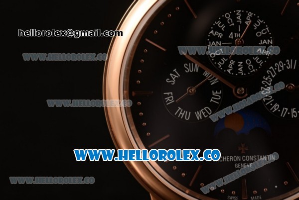 Vacheron Constantin Patrimony Perpetual Calendar Clone Original Automatic Rose Gold Case with Black Dial and Black Leather Strap - (AAAF) - Click Image to Close